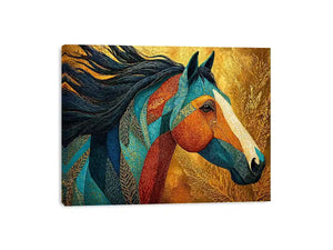 luxury horse wall art, ornate horse portrait canvas, gold textured horse painting, modern animal artwork decor, stylized horse illustration print