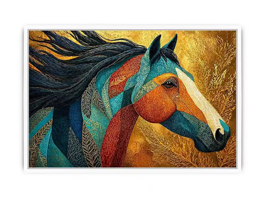 luxury horse wall art, ornate horse portrait canvas, gold textured horse painting, modern animal artwork decor, stylized horse illustration print