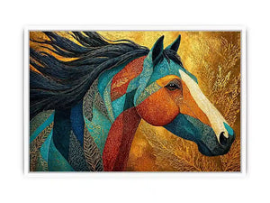 luxury horse wall art, ornate horse portrait canvas, gold textured horse painting, modern animal artwork decor, stylized horse illustration print