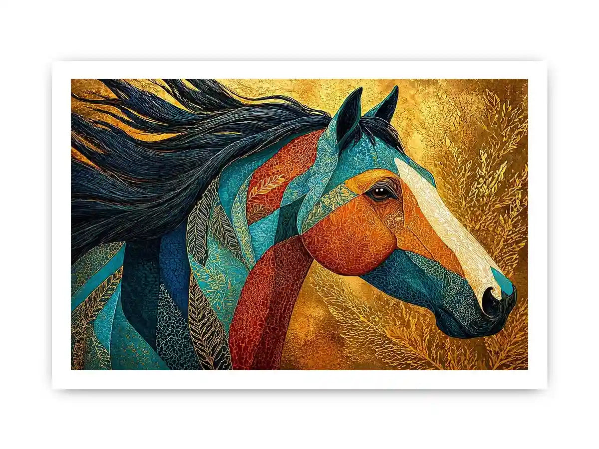 luxury horse wall art, ornate horse portrait canvas, gold textured horse painting, modern animal artwork decor, stylized horse illustration print