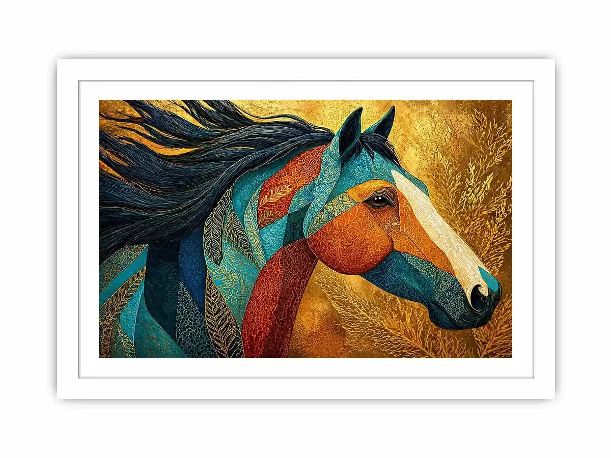 luxury horse wall art, ornate horse portrait canvas, gold textured horse painting, modern animal artwork decor, stylized horse illustration print