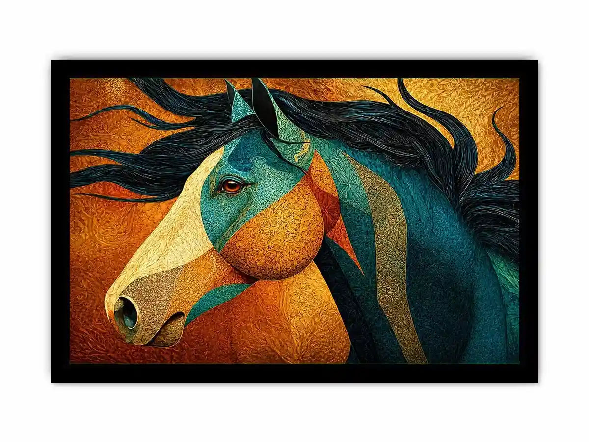 abstract horse wall art teal gold, luxury horse canvas print, textured horse painting modern decor, artistic horse portrait illustration, colorful horse artwork wall decor