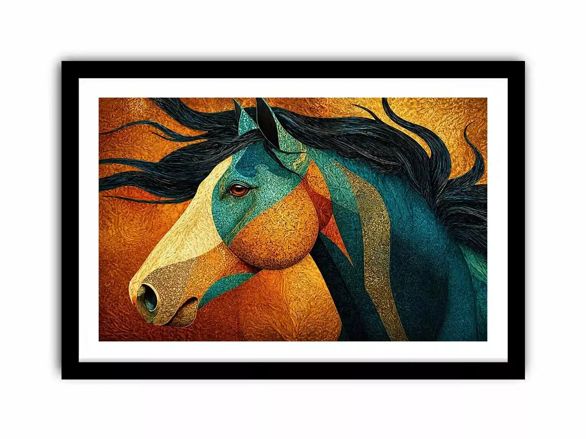 abstract horse wall art teal gold, luxury horse canvas print, textured horse painting modern decor, artistic horse portrait illustration, colorful horse artwork wall decor