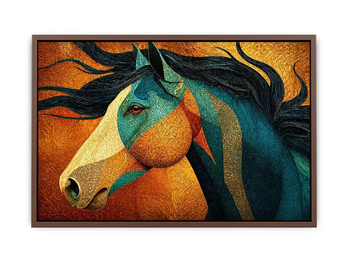abstract horse wall art teal gold, luxury horse canvas print, textured horse painting modern decor, artistic horse portrait illustration, colorful horse artwork wall decor