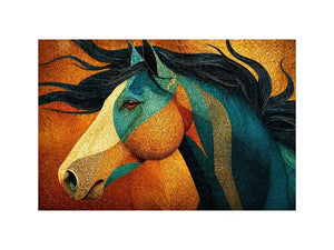 abstract horse wall art teal gold, luxury horse canvas print, textured horse painting modern decor, artistic horse portrait illustration, colorful horse artwork wall decor