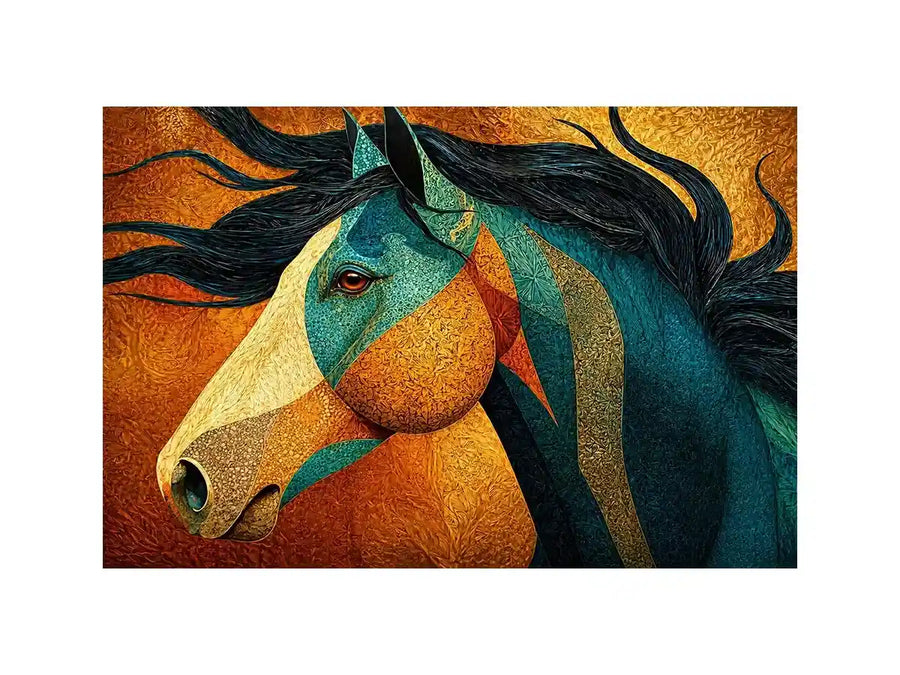 abstract horse wall art teal gold, luxury horse canvas print, textured horse painting modern decor, artistic horse portrait illustration, colorful horse artwork wall decor