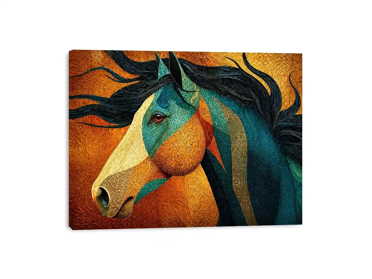 abstract horse wall art teal gold, luxury horse canvas print, textured horse painting modern decor, artistic horse portrait illustration, colorful horse artwork wall decor