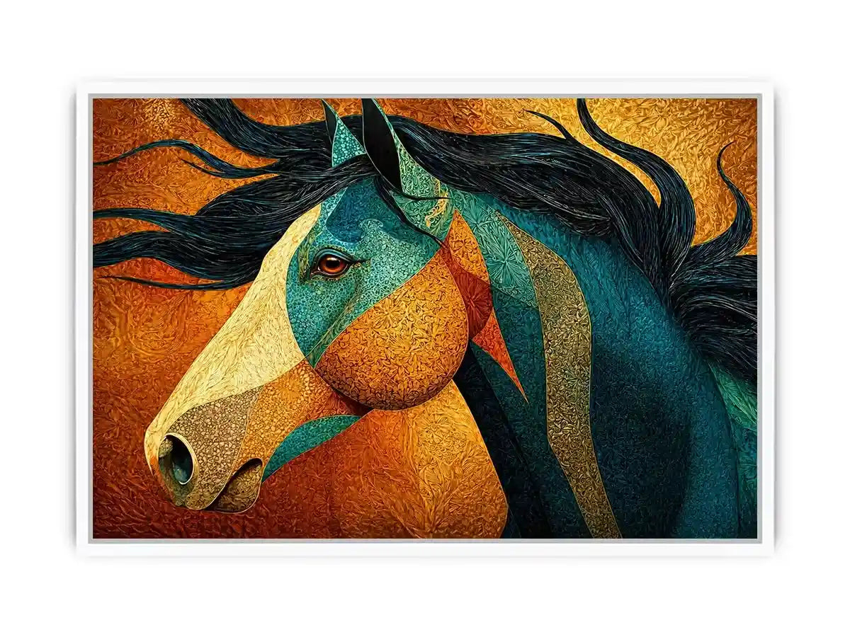 abstract horse wall art teal gold, luxury horse canvas print, textured horse painting modern decor, artistic horse portrait illustration, colorful horse artwork wall decor