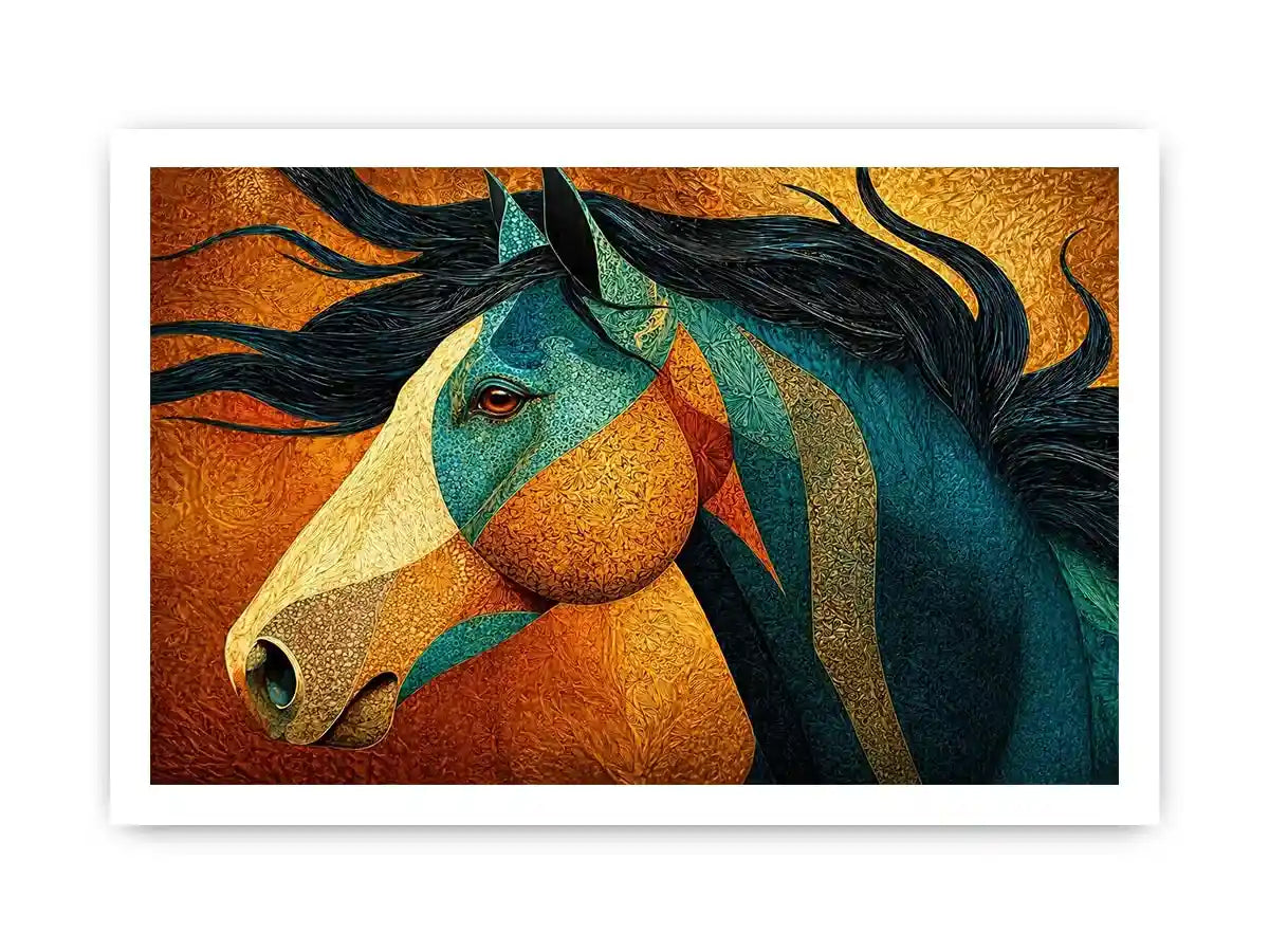 abstract horse wall art teal gold, luxury horse canvas print, textured horse painting modern decor, artistic horse portrait illustration, colorful horse artwork wall decor