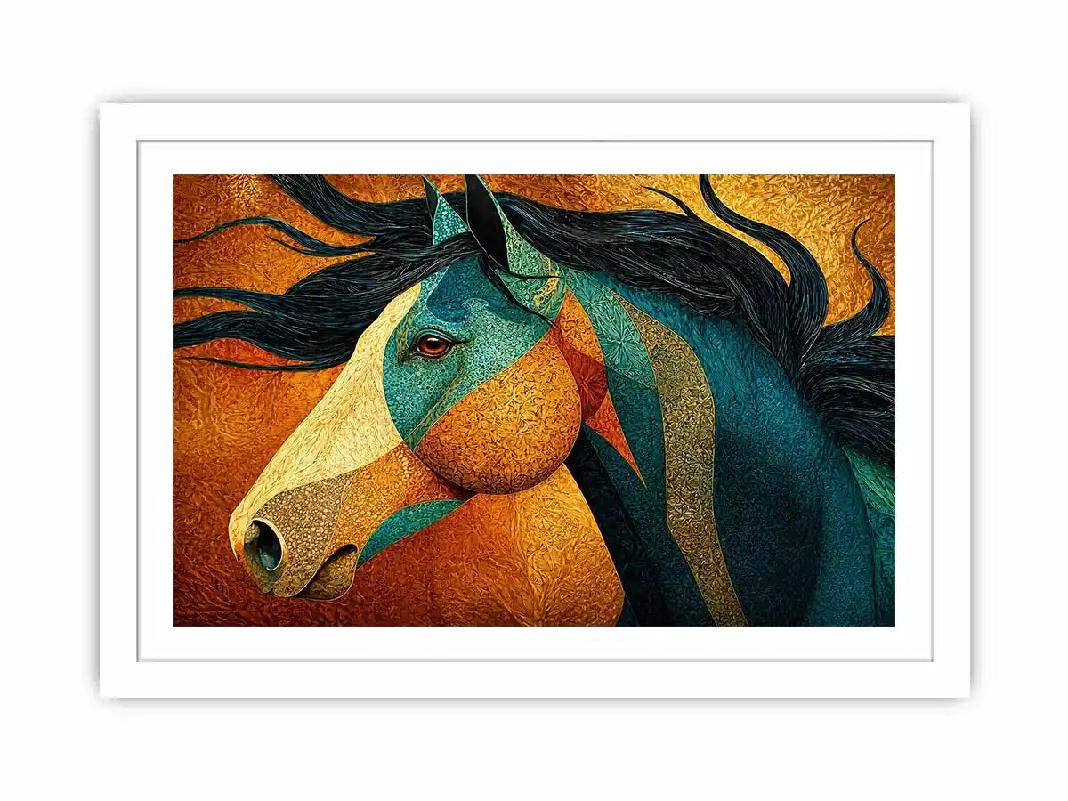 abstract horse wall art teal gold, luxury horse canvas print, textured horse painting modern decor, artistic horse portrait illustration, colorful horse artwork wall decor