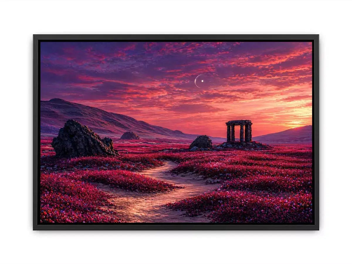 surreal landscape wall art pink sky, dreamy desert ruins canvas, fantasy sunset field artwork, aesthetic pink landscape print, mystical nature wall decor