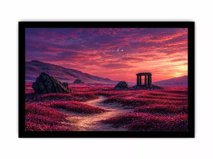 surreal landscape wall art pink sky, dreamy desert ruins canvas, fantasy sunset field artwork, aesthetic pink landscape print, mystical nature wall decor