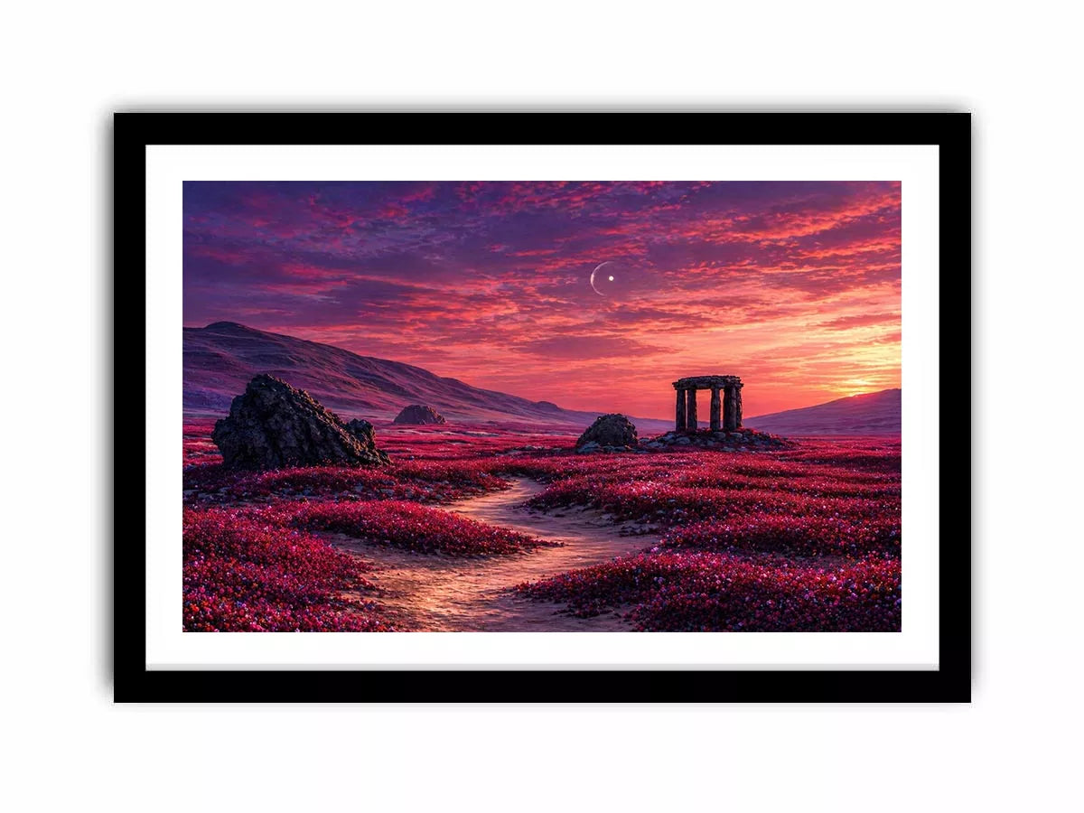 surreal landscape wall art pink sky, dreamy desert ruins canvas, fantasy sunset field artwork, aesthetic pink landscape print, mystical nature wall decor