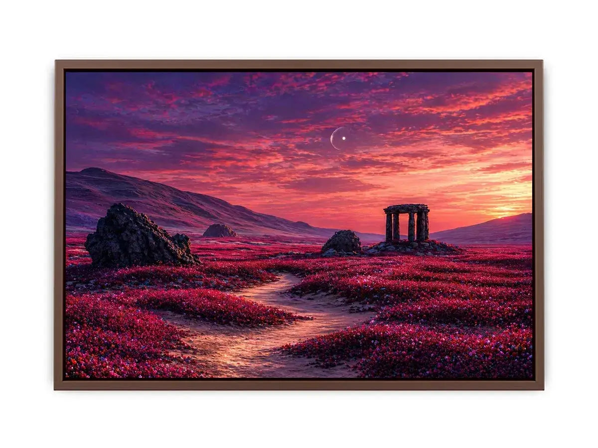 surreal landscape wall art pink sky, dreamy desert ruins canvas, fantasy sunset field artwork, aesthetic pink landscape print, mystical nature wall decor