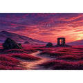 surreal landscape wall art pink sky, dreamy desert ruins canvas, fantasy sunset field artwork, aesthetic pink landscape print, mystical nature wall decor