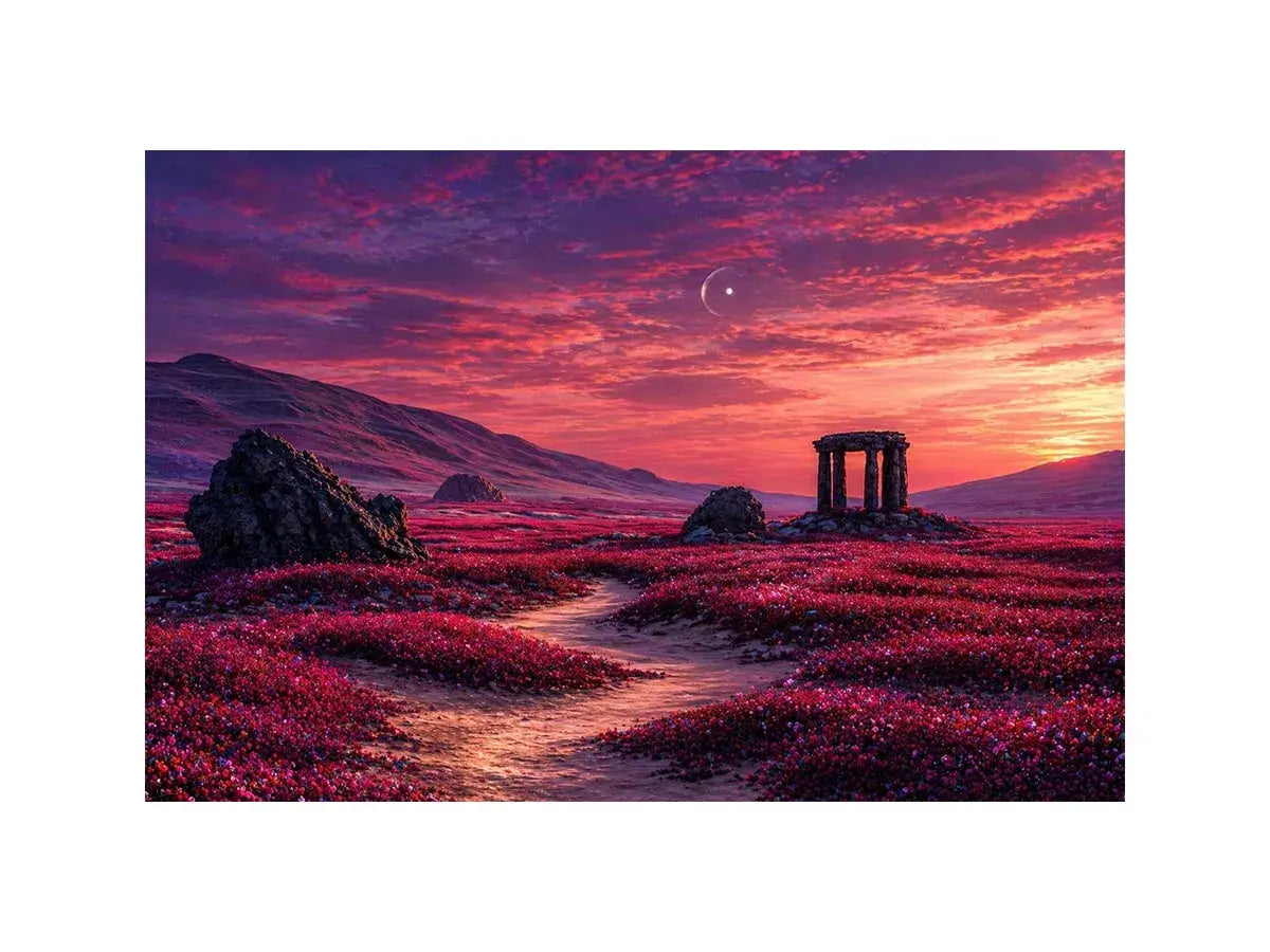 surreal landscape wall art pink sky, dreamy desert ruins canvas, fantasy sunset field artwork, aesthetic pink landscape print, mystical nature wall decor