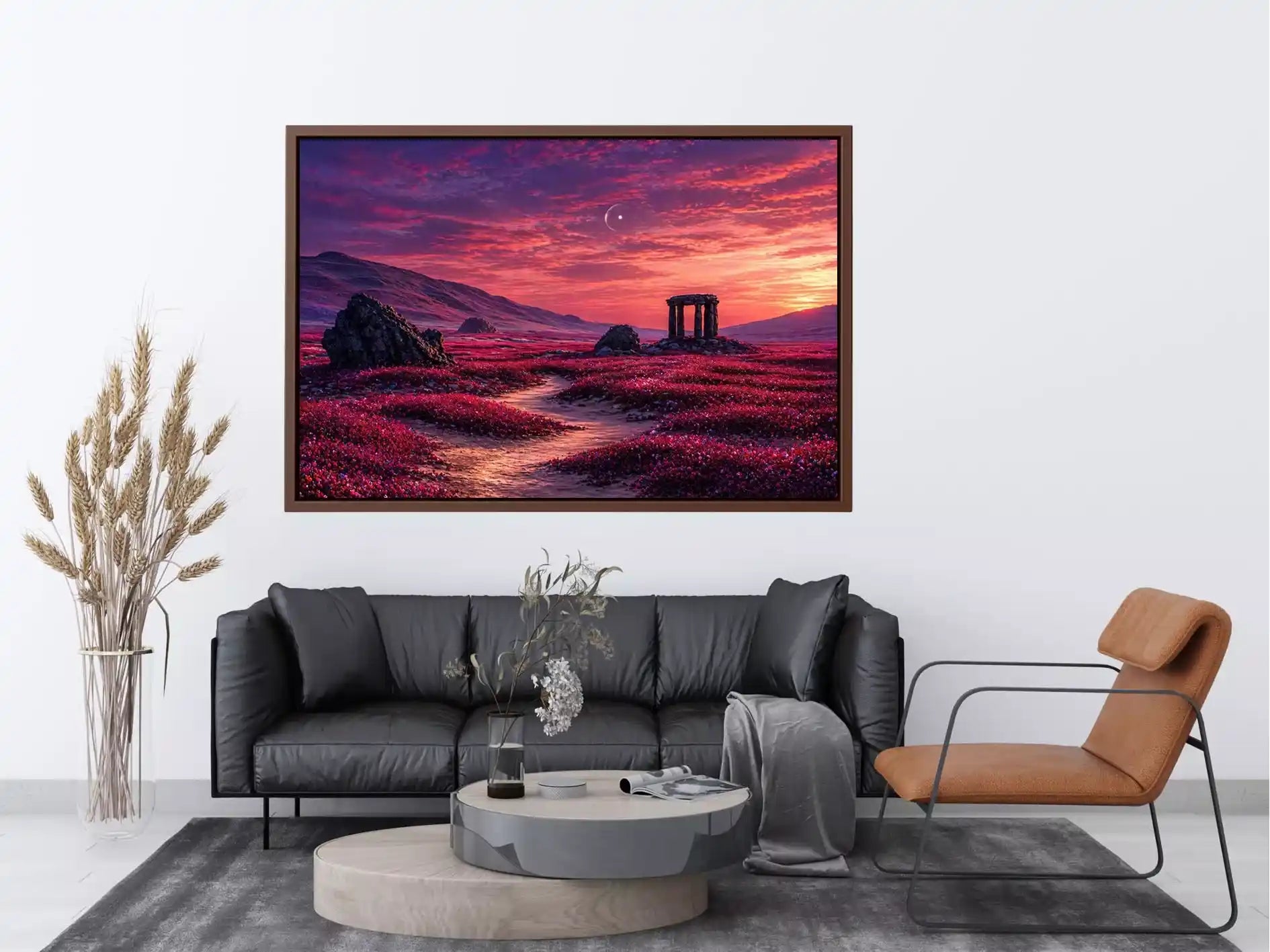 surreal landscape wall art pink sky, dreamy desert ruins canvas, fantasy sunset field artwork, aesthetic pink landscape print, mystical nature wall decor