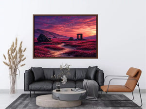 surreal landscape wall art pink sky, dreamy desert ruins canvas, fantasy sunset field artwork, aesthetic pink landscape print, mystical nature wall decor