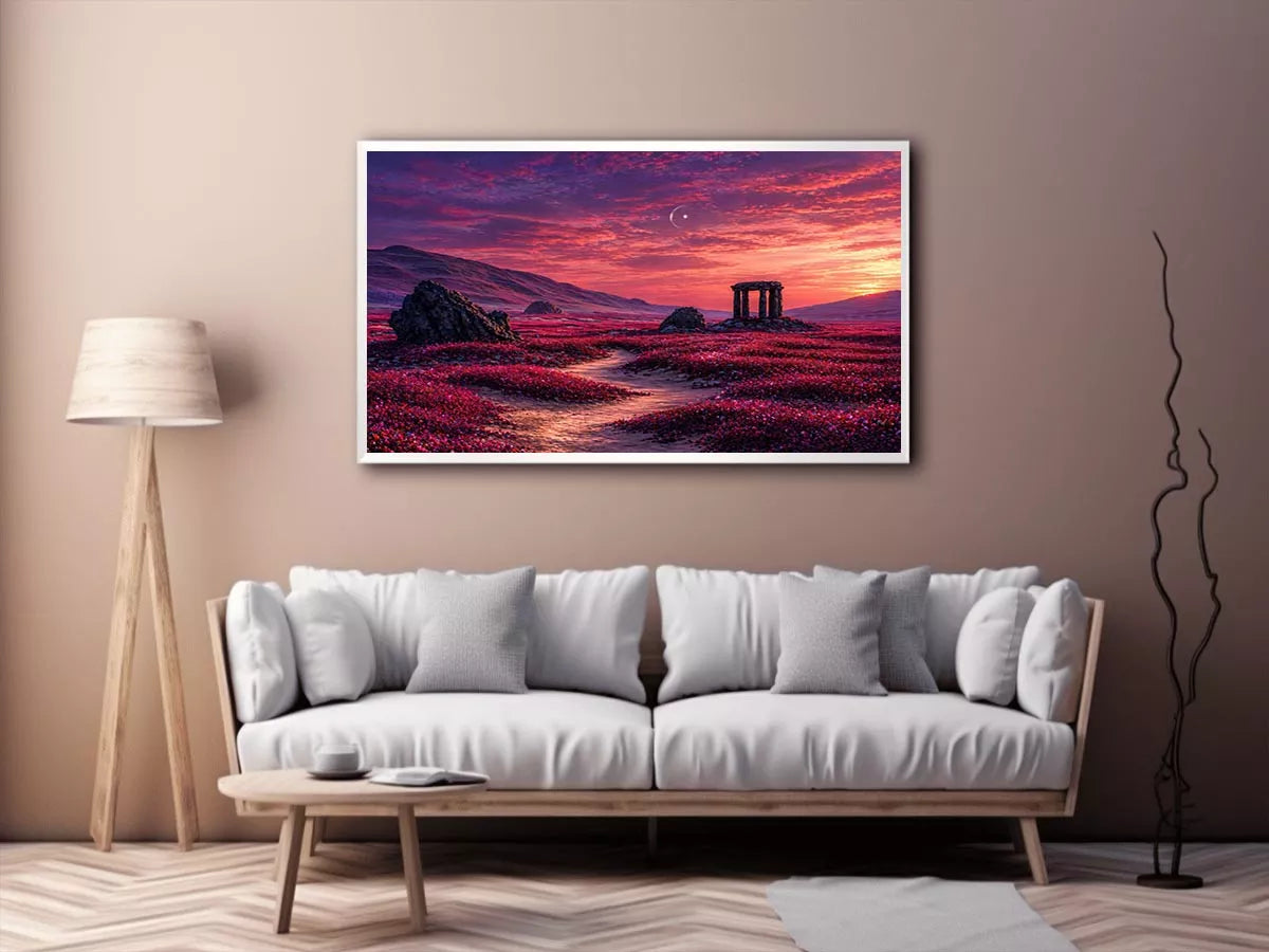 surreal landscape wall art pink sky, dreamy desert ruins canvas, fantasy sunset field artwork, aesthetic pink landscape print, mystical nature wall decor