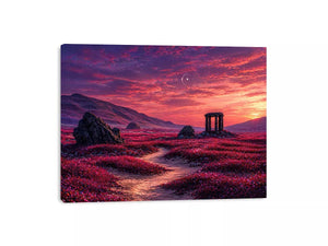surreal landscape wall art pink sky, dreamy desert ruins canvas, fantasy sunset field artwork, aesthetic pink landscape print, mystical nature wall decor