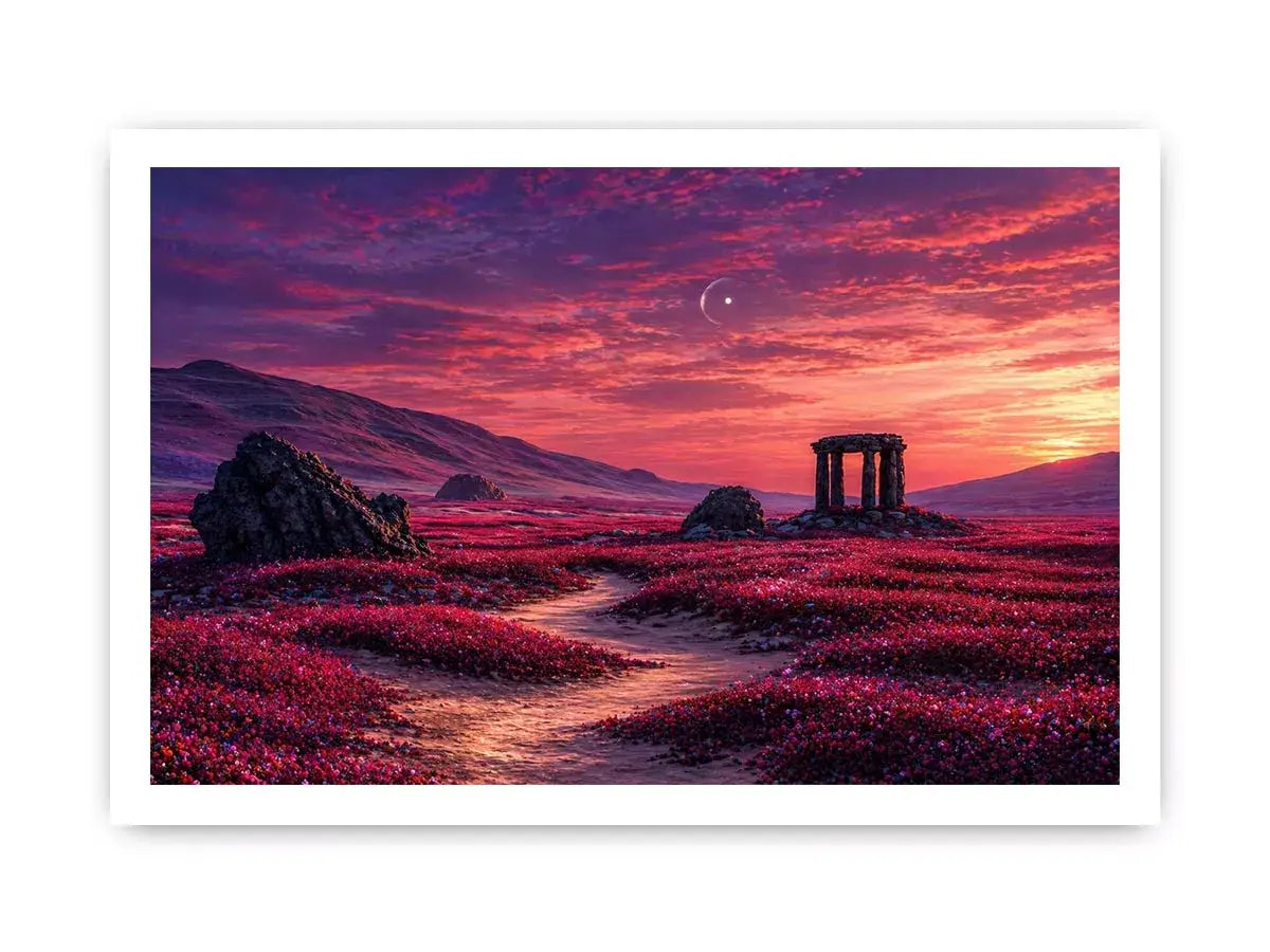 surreal landscape wall art pink sky, dreamy desert ruins canvas, fantasy sunset field artwork, aesthetic pink landscape print, mystical nature wall decor