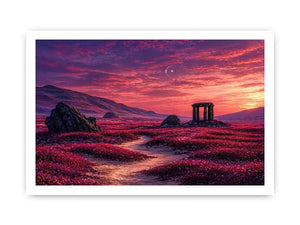 surreal landscape wall art pink sky, dreamy desert ruins canvas, fantasy sunset field artwork, aesthetic pink landscape print, mystical nature wall decor