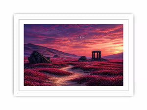 surreal landscape wall art pink sky, dreamy desert ruins canvas, fantasy sunset field artwork, aesthetic pink landscape print, mystical nature wall decor