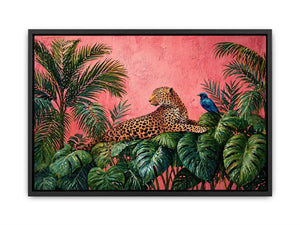 tropical leopard wall art pink jungle, exotic animal canvas print, jungle leaves leopard artwork, pink botanical wildlife decor, modern tropical animal illustration