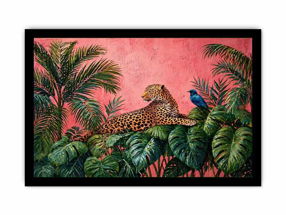 tropical leopard wall art pink jungle, exotic animal canvas print, jungle leaves leopard artwork, pink botanical wildlife decor, modern tropical animal illustration