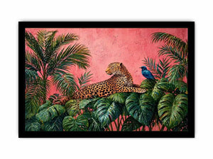 tropical leopard wall art pink jungle, exotic animal canvas print, jungle leaves leopard artwork, pink botanical wildlife decor, modern tropical animal illustration