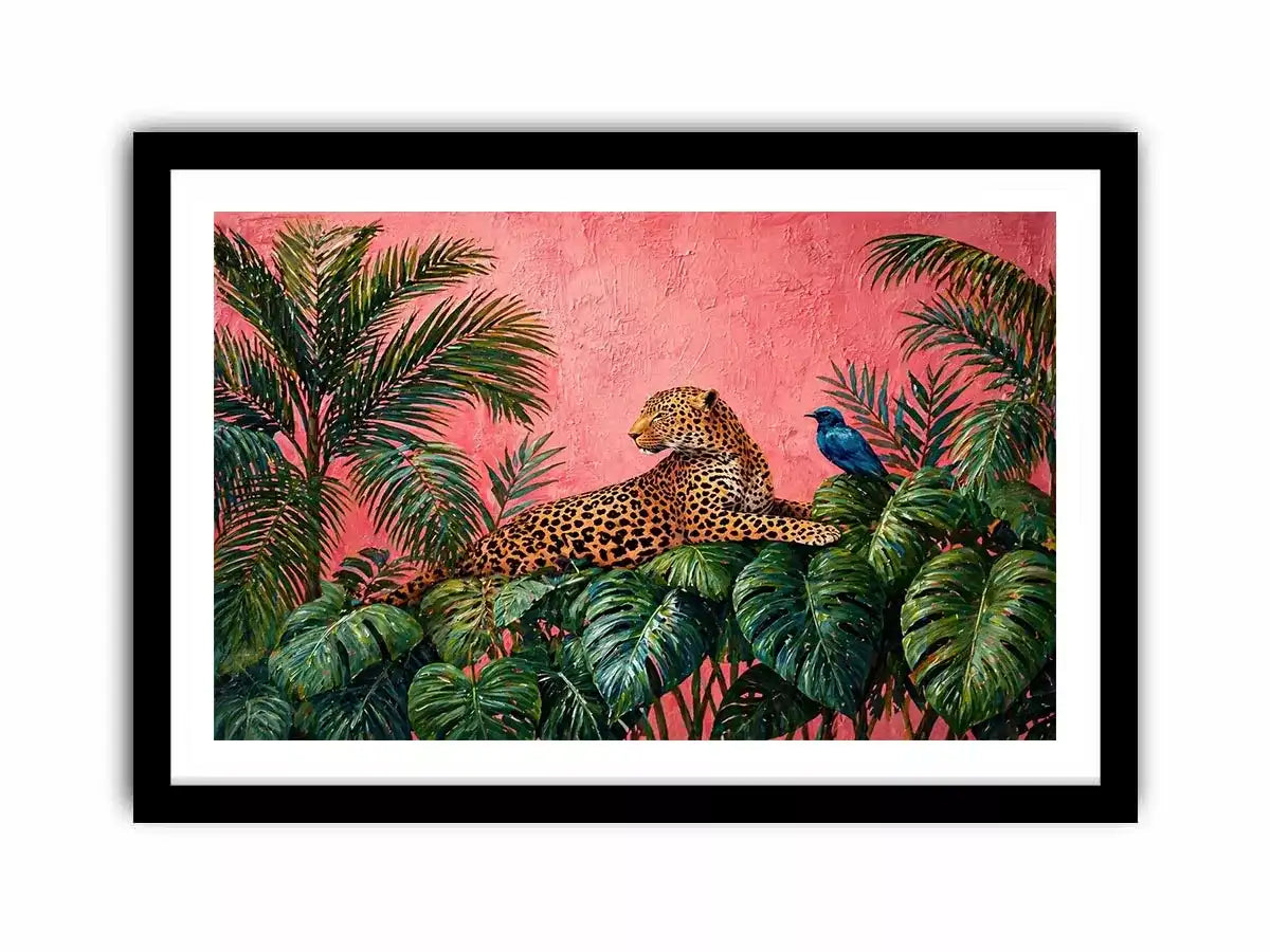 tropical leopard wall art pink jungle, exotic animal canvas print, jungle leaves leopard artwork, pink botanical wildlife decor, modern tropical animal illustration