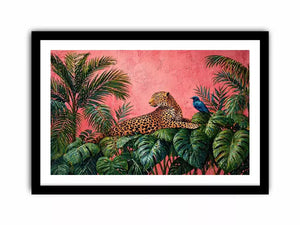 tropical leopard wall art pink jungle, exotic animal canvas print, jungle leaves leopard artwork, pink botanical wildlife decor, modern tropical animal illustration