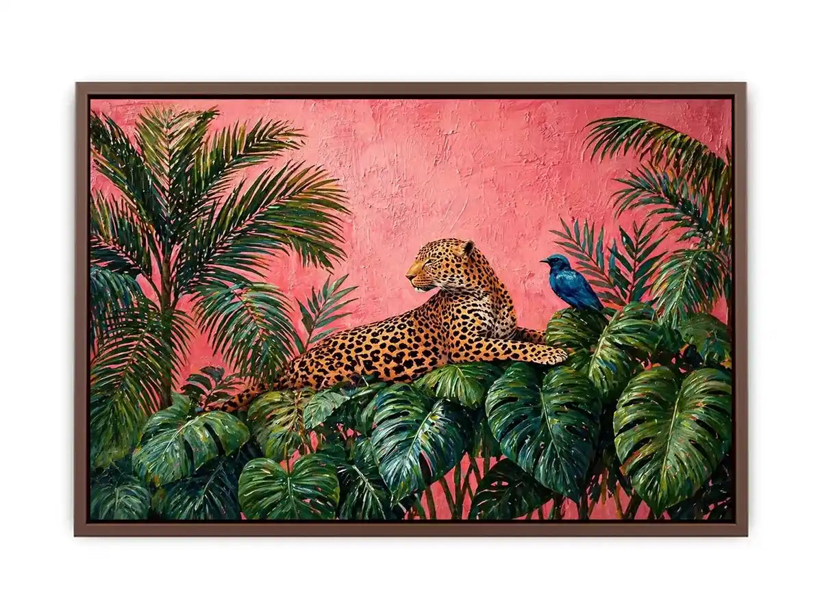 tropical leopard wall art pink jungle, exotic animal canvas print, jungle leaves leopard artwork, pink botanical wildlife decor, modern tropical animal illustration