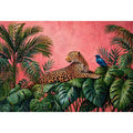 tropical leopard wall art pink jungle, exotic animal canvas print, jungle leaves leopard artwork, pink botanical wildlife decor, modern tropical animal illustration