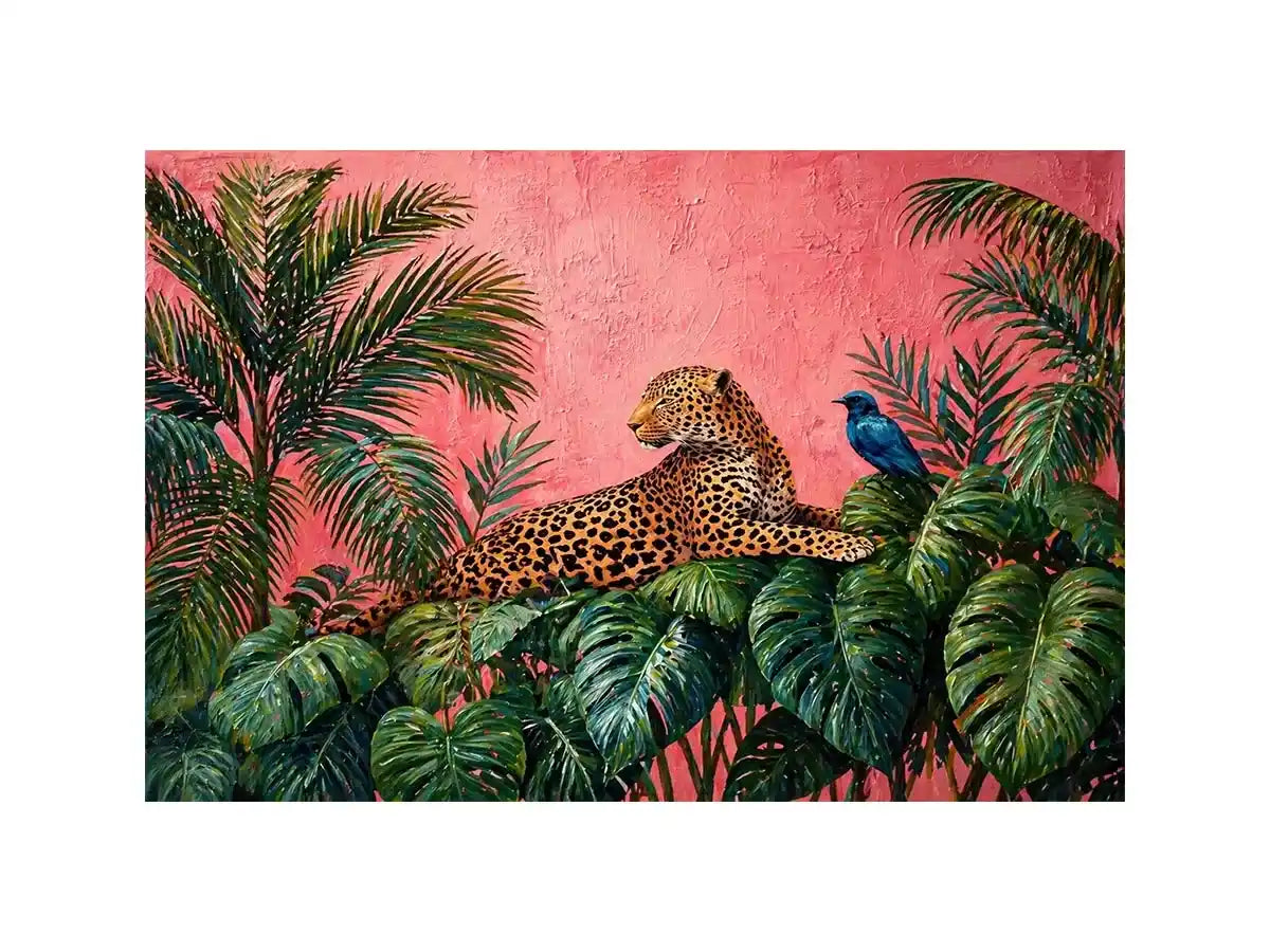 tropical leopard wall art pink jungle, exotic animal canvas print, jungle leaves leopard artwork, pink botanical wildlife decor, modern tropical animal illustration