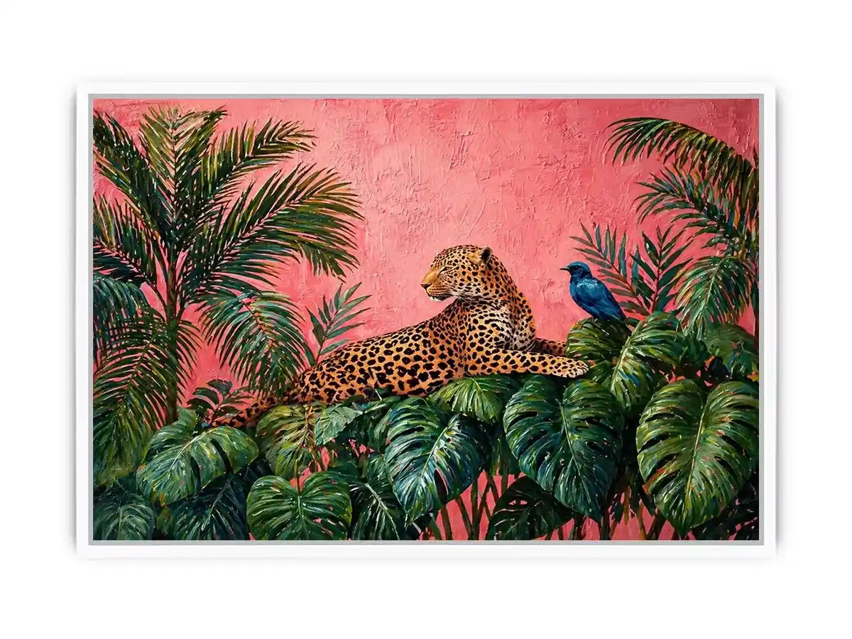 tropical leopard wall art pink jungle, exotic animal canvas print, jungle leaves leopard artwork, pink botanical wildlife decor, modern tropical animal illustration
