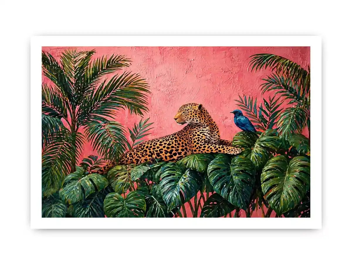 tropical leopard wall art pink jungle, exotic animal canvas print, jungle leaves leopard artwork, pink botanical wildlife decor, modern tropical animal illustration
