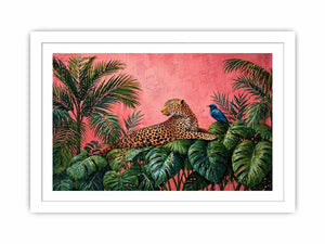 tropical leopard wall art pink jungle, exotic animal canvas print, jungle leaves leopard artwork, pink botanical wildlife decor, modern tropical animal illustration
