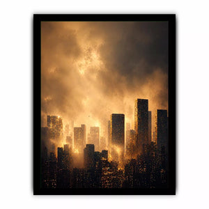 city skyline wall art golden fog, modern urban landscape canvas print, cinematic cityscape artwork, foggy skyline modern decor, glowing city buildings wall art