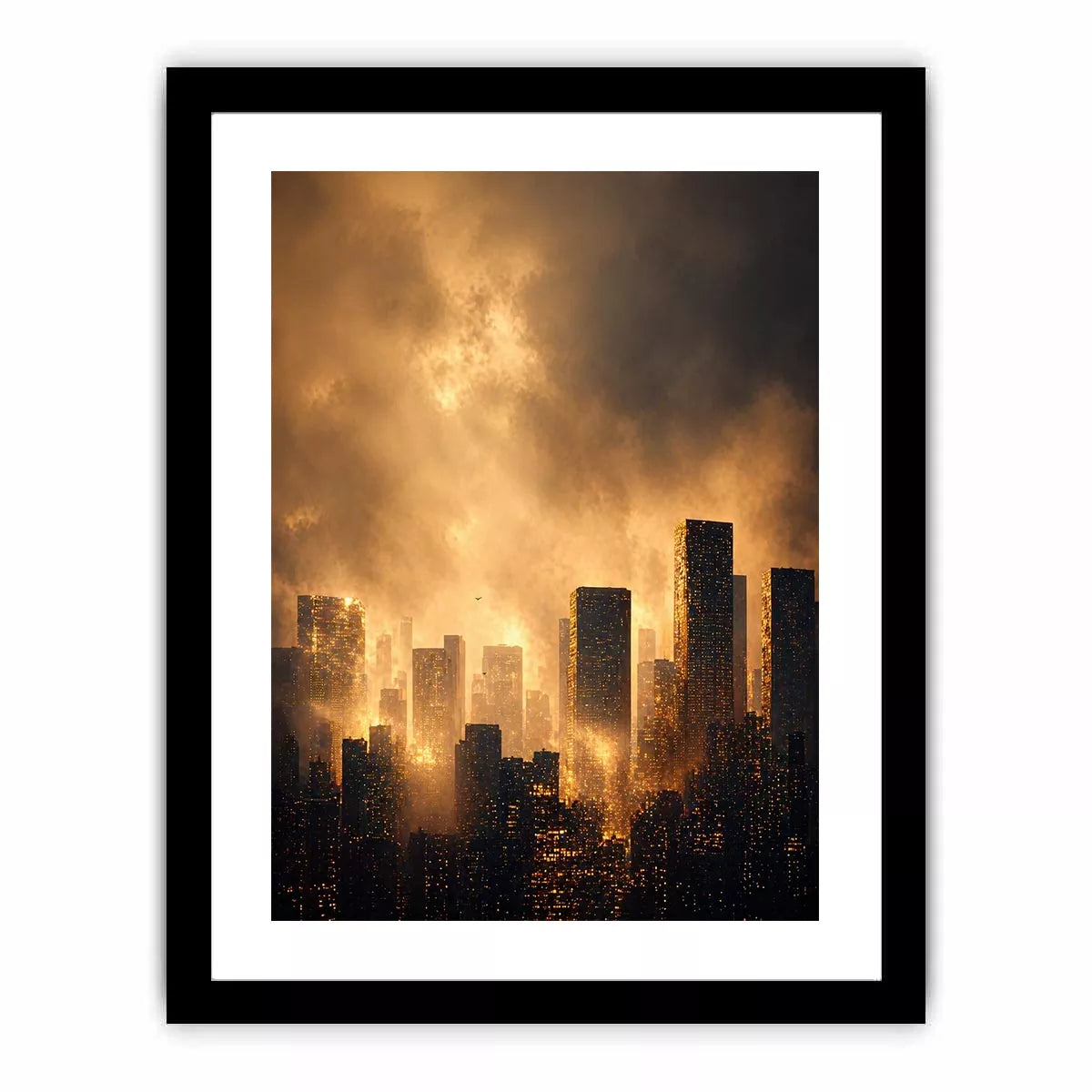 city skyline wall art golden fog, modern urban landscape canvas print, cinematic cityscape artwork, foggy skyline modern decor, glowing city buildings wall art