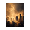 city skyline wall art golden fog, modern urban landscape canvas print, cinematic cityscape artwork, foggy skyline modern decor, glowing city buildings wall art