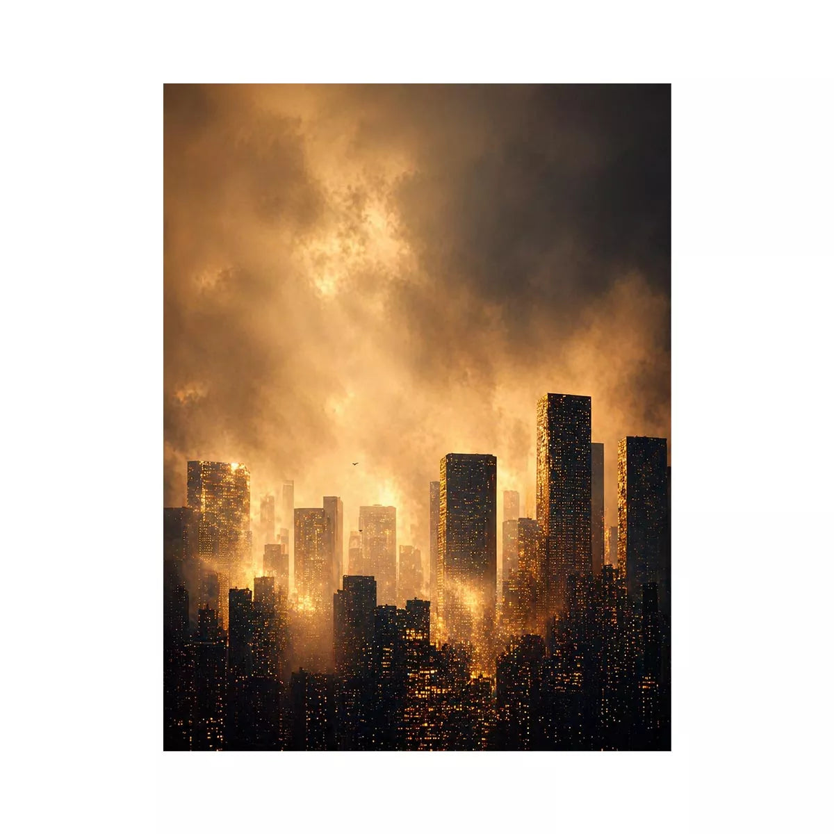 city skyline wall art golden fog, modern urban landscape canvas print, cinematic cityscape artwork, foggy skyline modern decor, glowing city buildings wall art