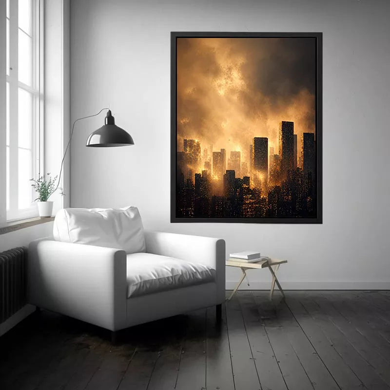 city skyline wall art golden fog, modern urban landscape canvas print, cinematic cityscape artwork, foggy skyline modern decor, glowing city buildings wall art