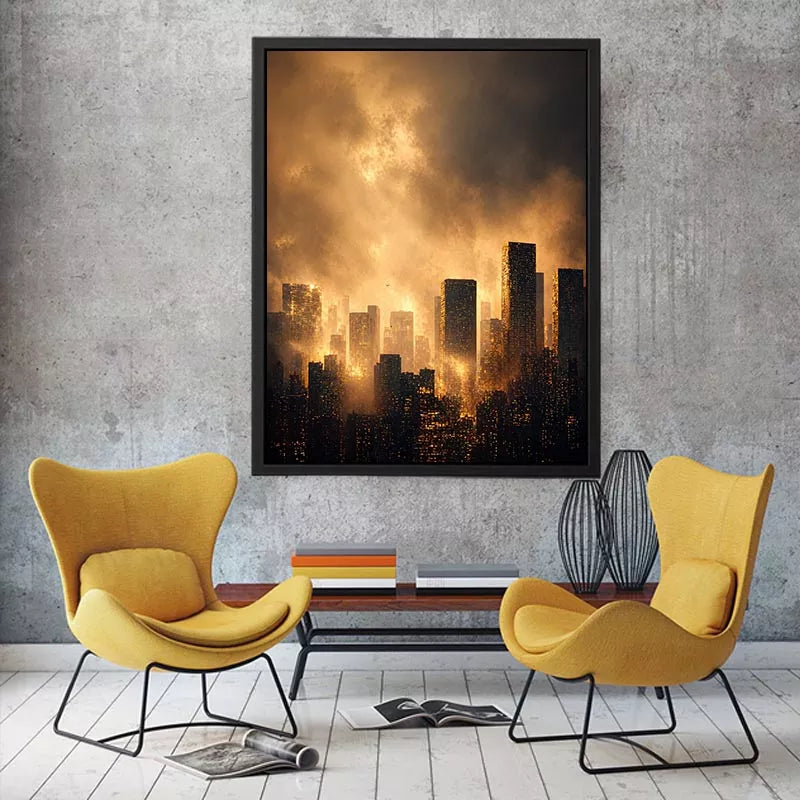 city skyline wall art golden fog, modern urban landscape canvas print, cinematic cityscape artwork, foggy skyline modern decor, glowing city buildings wall art
