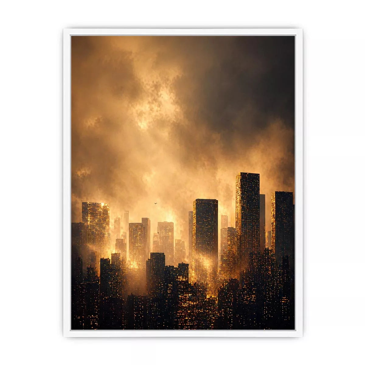 city skyline wall art golden fog, modern urban landscape canvas print, cinematic cityscape artwork, foggy skyline modern decor, glowing city buildings wall art
