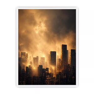 city skyline wall art golden fog, modern urban landscape canvas print, cinematic cityscape artwork, foggy skyline modern decor, glowing city buildings wall art
