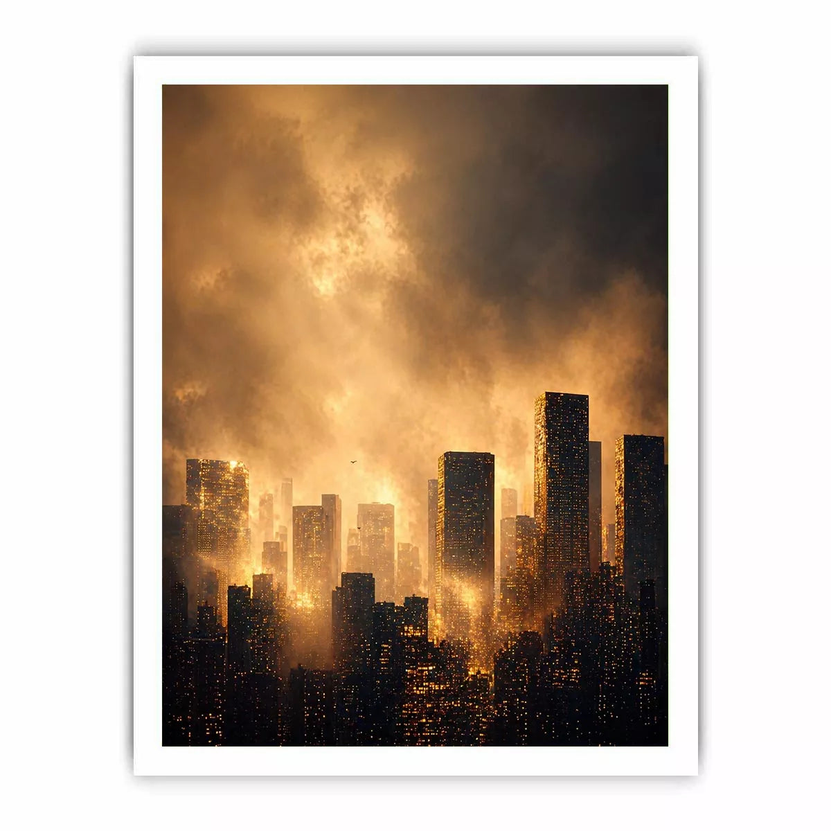 city skyline wall art golden fog, modern urban landscape canvas print, cinematic cityscape artwork, foggy skyline modern decor, glowing city buildings wall art