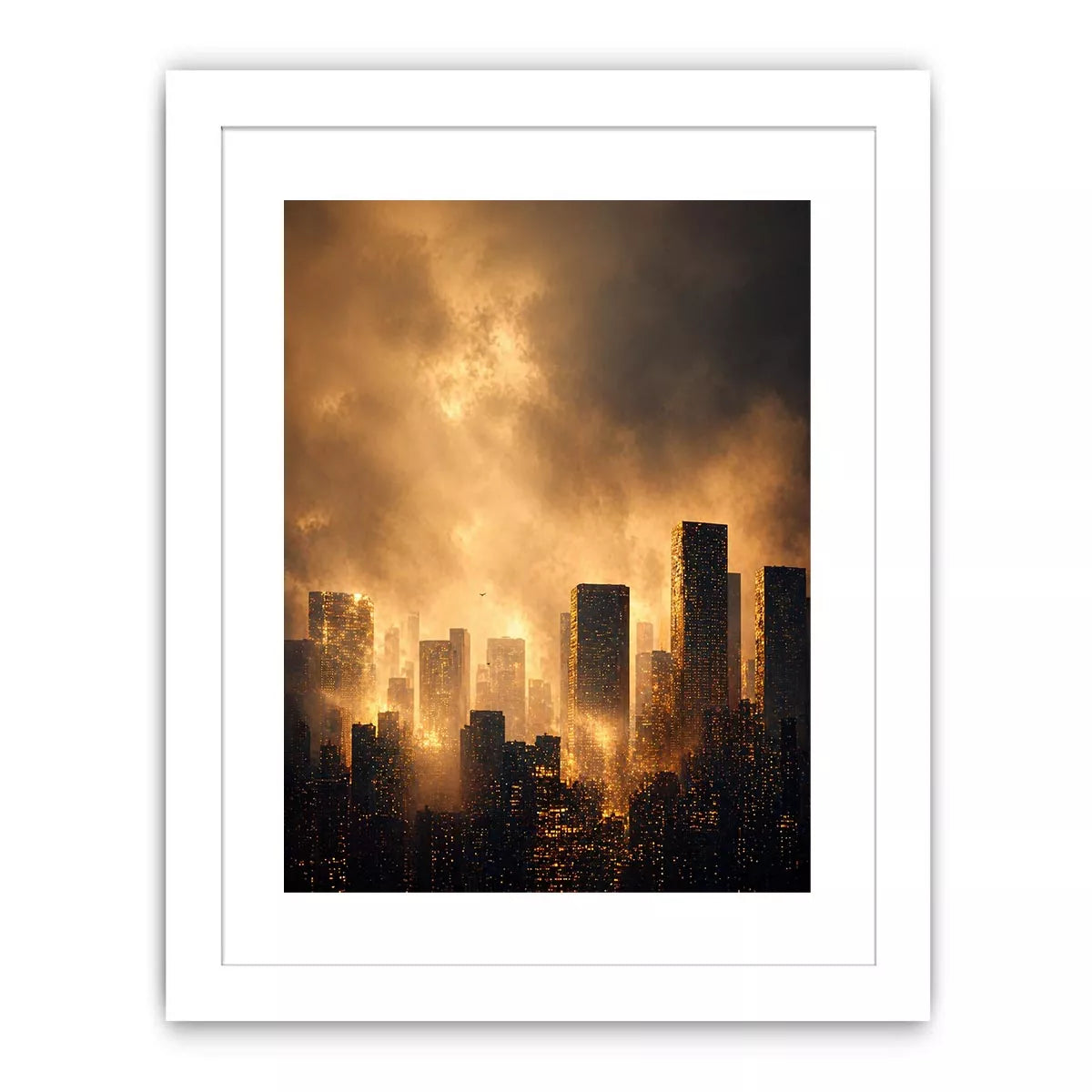 city skyline wall art golden fog, modern urban landscape canvas print, cinematic cityscape artwork, foggy skyline modern decor, glowing city buildings wall art