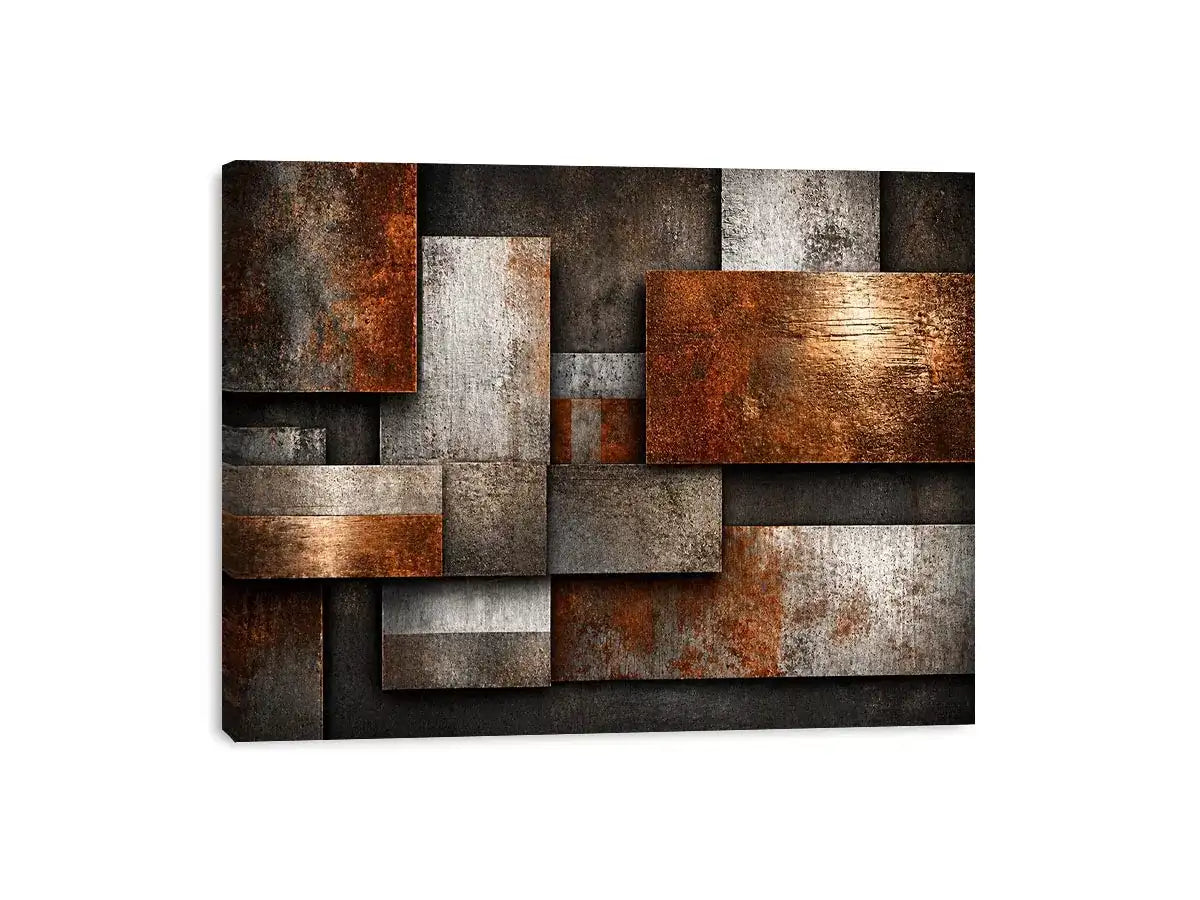 industrial abstract wall art rust texture, layered metal panel artwork, modern geometric industrial canvas, textured neutral wall decor, urban abstract art print
