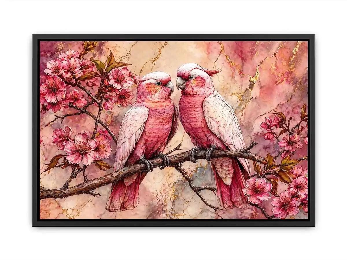pink parrot wall art watercolor birds, floral bird canvas artwork pink parrots, romantic bird illustration wall decor, botanical parrot painting soft tones